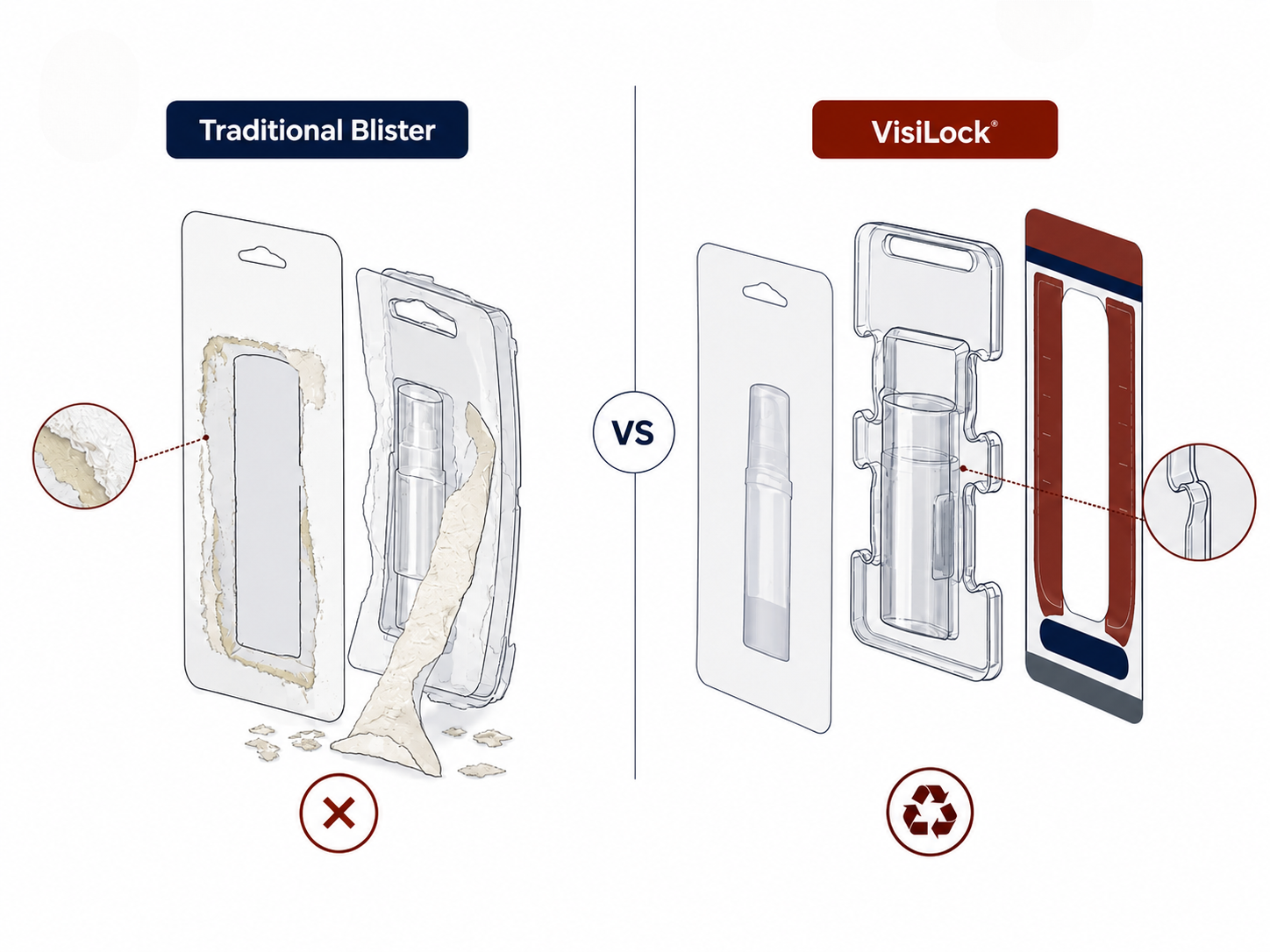 Side-by-side comparison of traditional blister packaging with torn paper and adhesive residue versus VisiLock packaging with cleanly separated paperboard panels and a clear notched plastic blister.